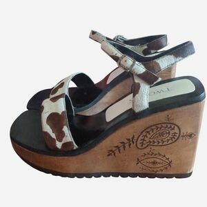 Two Lips Cow Print Wooden Wedge Sandals Size 10 | Boho Y2K Platform Clogs